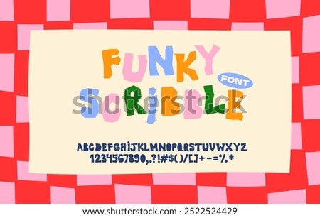 Funky scribble - cartoon doodle font for headlines. Crooked unexpected kids vector bold font letters and numbers. Groovy funky playful paper style 90s 80s