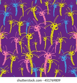 Funky seamless background with pattern of palms in vector. Bright colors background. Vector summer illustration