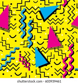 A funky seamless Memphis style design with primary colors, over yellow. Vector EPS-10 file, transparency used. 