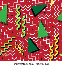 A funky seamless Memphis style design with holiday colors, over red. Vector EPS-10 file, transparency used. 