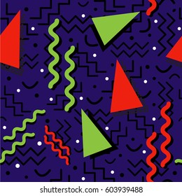 A funky seamless Memphis style design with complementary colors, over midnight blue. Vector EPS-10 file, transparency used. 