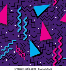 A funky seamless Memphis style design with primary colors, over purple. Vector EPS-10 file, transparency used. 