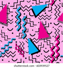 A funky seamless Memphis style design with fun colors, over pink. Vector EPS-10 file, transparency used. 