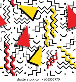 A funky seamless Memphis style design with black, red and yellow, over white. Vector EPS-10 file, no transparency used. 