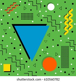 A funky seamless Memphis style design with bright colors, over green. Vector EPS-10 file, transparency used. 