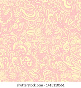 Funky seamless pattern from colorful abstract organic floral ornaments. Vintage doodle background