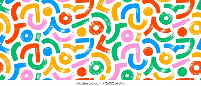 Funky padrão perfeito com pincel colorido desenhado em negrito formas, linhas curvas e arcos. Fundo infantil geométrico desenhado à mão. Papel de parede moderno abstrato com formas e círculos grunge de doodle ousado.