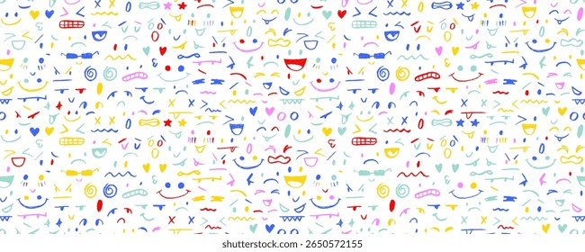 Funky seamless pattern with cute faces and emotions. Comic line art vector wrapping paper. Childish various emotions. Various colorful characters seamless banner design. Hand drawn cute faces.