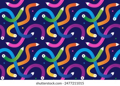 Funky seamless pattern with funny curved colorful pencils on a dark background. Creative drawing or writing concept. School education background.