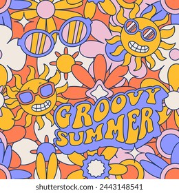 Funky Seamless pattern with retro 70s groovy elements, simple hippy symbols - Colored daisy flowers, sun, sunglasses lettering text Groovy summer. Contour vector illustration.