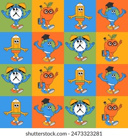 Funky seamless pattern with retro groovy characters in a squares. Back to school and education concept. Vector illustration.
