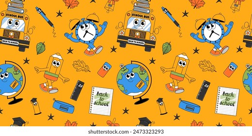 Funky seamless pattern with retro groovy characters. Back to school and education concept. Contemporary vector illustration.