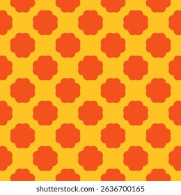 Funky seamless pattern with stylized bold flower silhouettes. Simple vector floral geometric ornament. Cute yellow and orange background. Summer texture. Repeated design for decor, textile, print