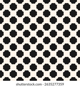 Funky seamless pattern with stylized small bold flower silhouettes. Simple vector floral geometric ornament. Black and white background texture. Repeated geo design for decor, print, embossing, cover