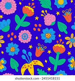 Funky Nahtloses Muster mit Klassischen Blumen. Moderner bunter Blumenhintergrund. Lebendige bunte botanische Verzierung mit Blüten und Blättern. Vektorillustration im Zeichentrickstil