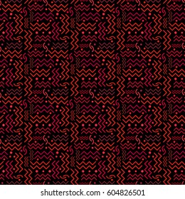 A funky seamless red Memphis style design on black. Vector EPS-10 file, transparency used. 