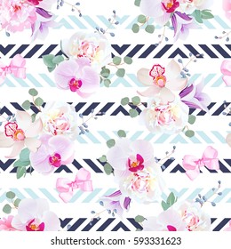 Funky seamless vector pattern in purple, pink and white tones. Peony, violet campanula, orchid, eucalyptus. Seamless vector print with navy blue geometric ornament