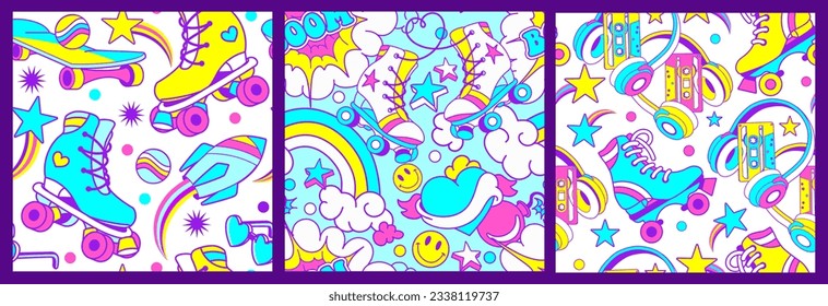 Funky conjunto de patrones sin costura, fondo retro de baldosas con rodillos, ruedas, corazones, alas. Pop 80-90's garabatos graciosos para envolver, papel pintado, vestimenta.