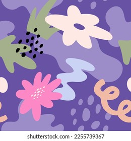Funky shapes and abstract flowers hand drawn seamless pattern. Modern trendy vector illustration, textile design