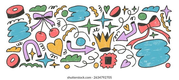 Funky shapes crayon drawn set. Naive multi colors doodle figures on white background. Crown, arch, arrow and geometric forms sketch elements. Vector childish style illustration by colorful pencil.