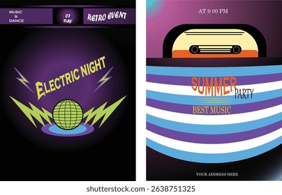 Funky Shapes And Neon Glow Party Poster Set. Vibrant Neon Disco Flyers.
