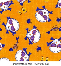 Funky Skulls Wearing Flashy Heart Sunglasses Vector Seamless Pattern