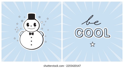 Funky Snoman.Groovy Cartoon Style Winter Time Vector Illustrations with Smiling Snowman in a Frame on a Pastel Blue Background. Winter Holidays Print ideal for Card, Wall Art, Sticker, Banner, Poster.