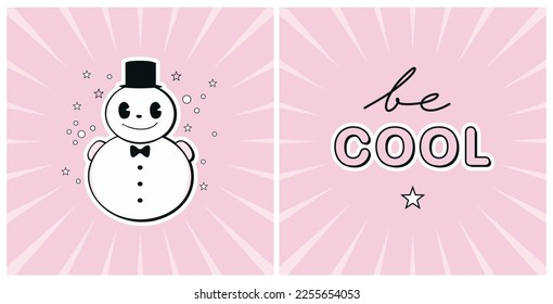 Funky Snowman. Groovy Winter Time Vector Illustrations with Smiling Snowman in a Frame on a Pastel Pink Background. Winter Holidays Print ideal for Card, Wall Art, Sticker, Banner, Poster.