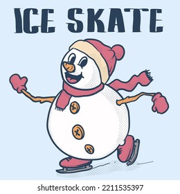 funky snowman ice skating retro mascot . winter activity. vintage style icon illustration