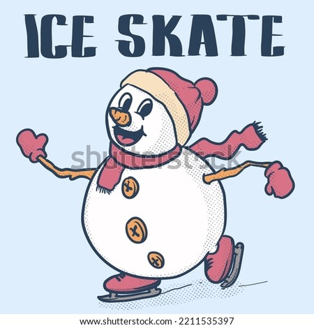 funky snowman ice skating retro mascot . winter activity. vintage style icon illustration