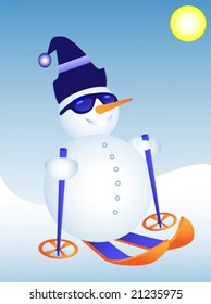 Funky snowman skiing. Vector. For jpeg version please see my portfolio