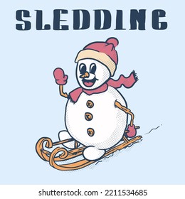 Funky Snowman Sledding Retro Mascot . Winter Activity. Vintage Style Icon Illustration