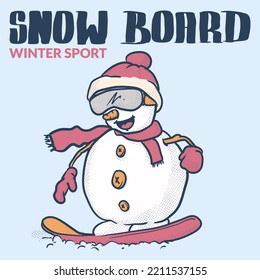 funky snowman snow boarding retro mascot . winter activity. vintage style icon illustration