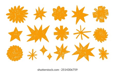 Funky star shapes and figures with crayon texture. Brutal contemporary yellow star figures, flower and sun. Hand drawn primitive geometric elements. Swiss design aesthetic. Scribbles and scrawls.