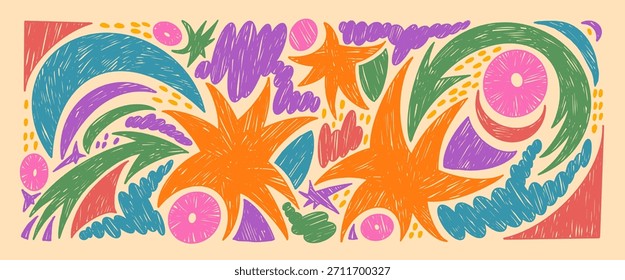 Funky Sterne, unregelmäßige Blobs, Pfeile Stift gezeichnet Muster gesetzt. Kindergarten Kreide Elemente doodle einzeln auf beigem Hintergrund. Das Kind funkelt. Vektorgrafik mit buntem Pastellstift.