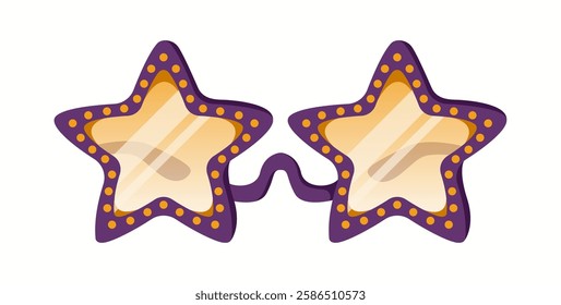 Funky star-shaped sunglasses with a bold purple frame and yellow dotted accents. A playful and eye-catching fashion accessory for parties and festivals.