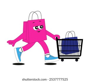 Funky sticker shopping bag wearing classic sneakers. Funny retro running bag with face,hands,legs,shopping cart. Isolated element for store sale, promotion,cyber monday.Groovy character on transparent