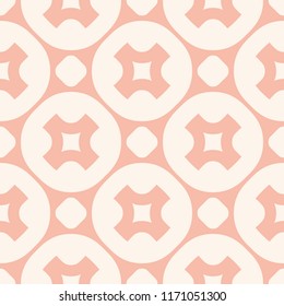 Funky style geometric seamless pattern with big crosses, circles, round mesh, grid, lattice. Simple abstract texture. Subtle modern background in pink and beige colors. Repeat design for decor, print