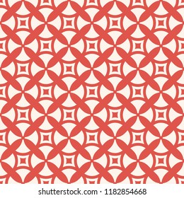 Funky style geometric seamless pattern with crosses, circles, squares, round mesh, grid, lattice. Simple abstract texture. Modern red and white background. Repeatable design for package, prints, decor