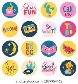 Funky style seamless modern background for social media in cute pop art style. Textine packing paper pattern  doodle icons and logos  in trendy hand drawn style. 