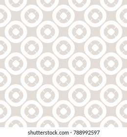Funky style vector seamless pattern. Simple geometric texture with circles, rings, rounded grid. Subtle abstract background. Stylish minimalist beige and white repeat backdrop. Decorative design