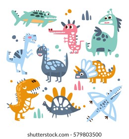 Funky Stylized Dinosaurs Real Species And Imaginary Jurassic Reptiles Set Of Colorful Childish Prints