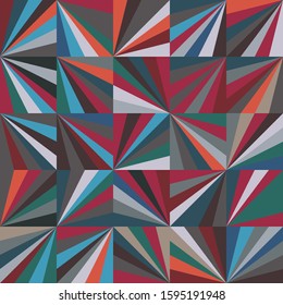Funky stylized geo squares broken into triangles from a corner. Geo burst graphical motif. Seamless repeat vector pattern swatch.