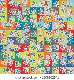 Funky stylized rainbow geo square naive floral micro flower power design. Seamless repeat vector eps 10 pattern swatch.