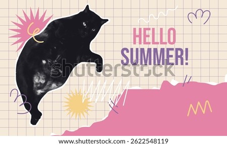 Funky Summer halftone Cat Collage with Retro Colors and Hello Message