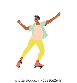 Funky teenager man cartoon character parting riding rollerblades isolated on white background