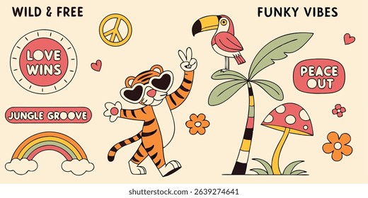 Funky tiger with peace sign and sunglasses among retro tropical elements  embracing love and peace