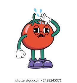 Funky Tomato personaje de la mascota de dibujos animados, cansado, deshidratación y expresión sedienta. Tomate con guante y zapatos Groovy personaje de dibujos animados retro para el icono, mascota, logotipo, etiqueta, cartel, clipart, etiqueta engomada