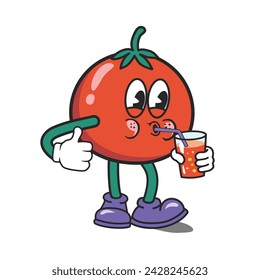 Funky Tomato cartoon mascot character smile expression, walking, giving thumb up. Tomato wearing glove and shoes Groovy Retro cartoon character for icon, mascot, logo, label, poster, clipart, sticker