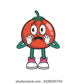 Funky Tomato cartoon mascot character, shocked and surprised face expression. Tomato wearing glove and shoes Groovy Retro cartoon character for icon, mascot, logo, label, poster, clipart, sticker